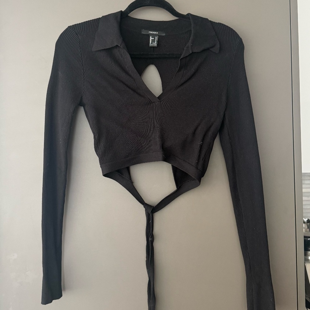 Black Ribbed Collared Open Back Wrap-Around Tie Up Long Sleeve Top Size M